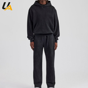 Survêtement noir délavé à capuche oversize pour homme, 80% coton 20% polyester, molleton épais, pantalon de survêtement à jambe large, streetwear hiver - Product Image 1