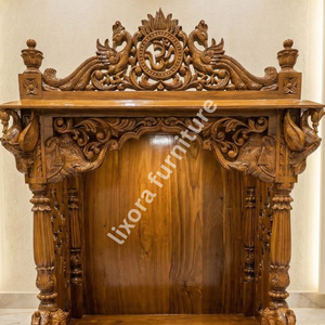Templo de Madera Sólida Hecho a Mano de Lujo con Tallado Ornamental de Pavo Real y Elefante, Acabado Premium - Product Image 3