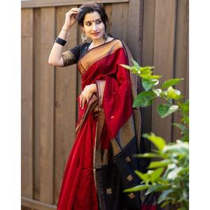 ATRACTIVO BANARASI SEDA ORO ZARI TRABAJO TEJIDO SAREE CON BLUSA SIN COSTAR ROJO - Product Image 1