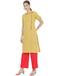 Ensemble Kurta et Palazzo Droit 100% Coton à Imprimé Floral Jaune et Rouge – Tenue Traditionnelle Ethnique pour Femme – Été – Recyclé - Product Image 2