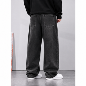 Jean en denim délavé pour homme, coupe large, taille mi-haute, ample, couleur unie, décontracté, en coton, pour l'automne, avec cordon de serrage à pompons - Product Image 2