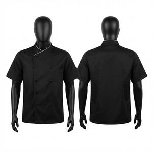 เสื้อเชฟยูนิเซ็กซ์ พรีเมียม ผ้าโพลีคอตตอนทอ 200 GSM สีดำ แขนสั้น กระดุมสองแถว ชุดยูนิฟอร์มครัว พิมพ์ลายซิลค์สกรีน - Product Image 1
