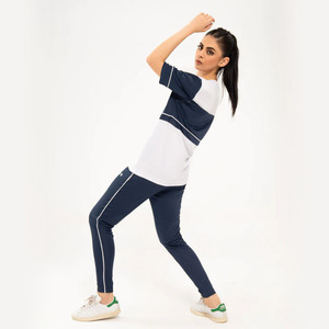 Ensemble de survêtement sportif color block de haute qualité pour femme, avec logo personnalisé, col rond, respirant, ensemble de survêtement rayé d'été pour femme - Product Image 2