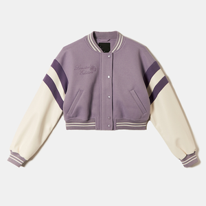 Blouson universitaire lilas et blanc pour femme, à manches longues, col montant, color-block, coupe courte, idéal pour le printemps - Product Image 1
