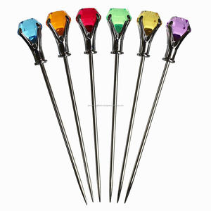 Juego de selecciones de cóctel de acero inoxidable de seis piezas con acabado de pulido brillante cabeza de diamante colorida para frutas de arpón - Product Image 1