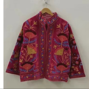 Veste en velours brodée de fleurs bohèmes, coupe-vent et respirante, manteau Suzani, manteau court en tricot d'hiver - Product Image 1