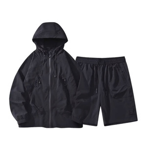 Winter Custom Two Piece Hooded Windbreaker Short Jacket <b>Set</b> Mens Plus Size Solid Tracksuit Short <b>Set</b> - Product Image 3