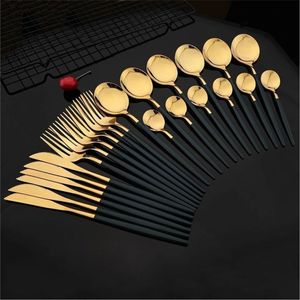 Service de couverts moderne noir mat et or, ensemble de luxe en acier inoxydable, vaisselle durable pour hôtel, mariage, restaurant, traiteur - Product Image 1