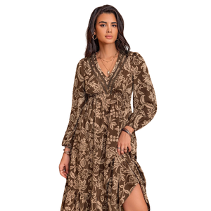Vestido maxi floral de manga corta, corte A, casual, de verano para mujer, con cuello cuadrado y lazo frontal hueco - Product Image 4