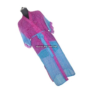KL008 Camisón Kimono de Seda con Estampado Floral Vintage, Estilo Sari, para Invierno y Otoño, Mangas Largas, Seda Sintética - Product Image 2