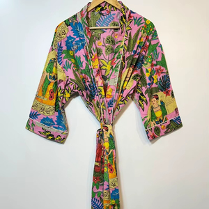 Bata Kimono de Algodón Suave con Estampado de Bloques y Dibujos Animados Naaz para Mujer, Camisón de Verano Hecho a Mano ODM con Cuello en V y Cintura Elástica hasta la Rodilla/Completamente Larga - Product Image 1