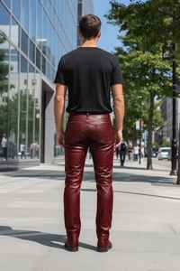 Pantalones de Motociclista de Piel de Cordero Color Borgoña Hechos a Mano para Hombre – Cuero Genuino, Corte Ajustado - Product Image 2