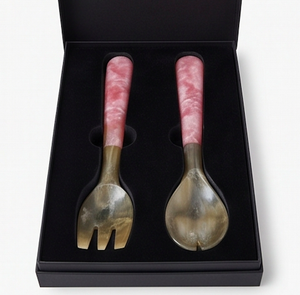 Ensemble de 2 couverts en résine rose simple avec manche en corne, cuillère et fourchette, pour la table, la vaisselle, le service de salade et les mariages - Product Image 5