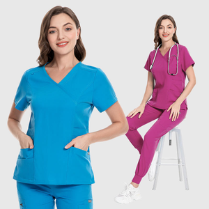 Women <b>Scrub</b> <b>Tops</b> V-Neck Short Sleeve With Pockets Cotton Polyester Woven Hospital Uniforms For Medical Use - Product Image 3