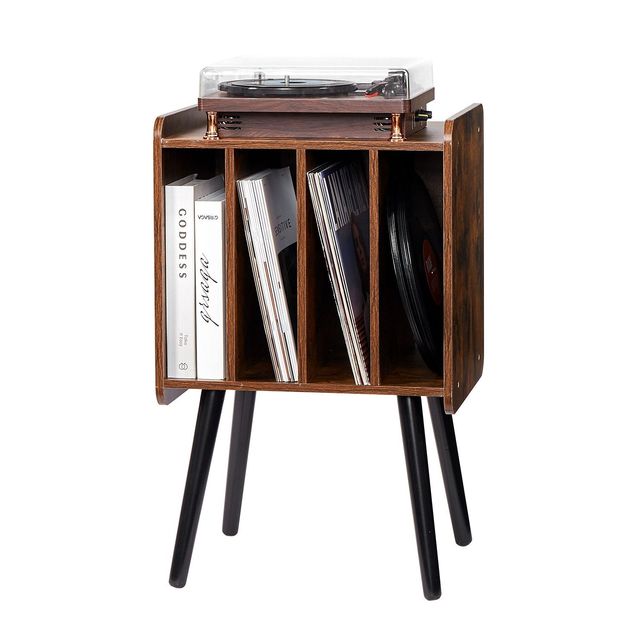 "2-Tier Wooden Turntable Stand with 4 Cabinets & Vinyl Storage for 100 Albums"