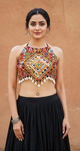 Halter Neck Mirror Work Blouse With Rayon Ghaghra Kodi Lace Backless Design Navratri Festival Wear Pair Set - Product Image 4
