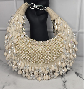 Elegant Beaded Half <b>Moon</b> Evening Bag With <b>Crystal</b> Pearls And Ring Strap For Party - Product Image 1