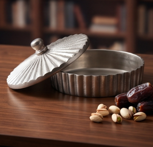 Boîte de rangement de luxe en métal rond cannelé argenté antique pour fruits secs et dates, avec couvercle à bouton rotatif - Product Image 2