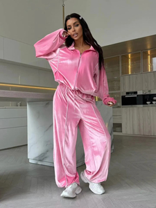 Ensemble de survêtement en velours rose pour femme, haut zippé à manches longues, pantalon large, coupe ample, toutes saisons, couleur unie, tenue décontractée et sportive - Product Image 5