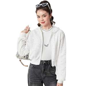 Sweat-shirt à capuche court pour femme avec fermeture éclair et strass blancs, anti-boulochage et respirant - Product Image 1