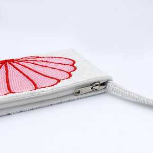 Handmade Beaded Shell Clutch <b>Purse</b> Rectangular Shape Cotton Embroidery Craft White <b>Pink</b> Red Design - Product Image 3