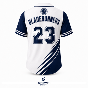 SINEWY SPORTS Men's Baseball Jersey Bladerunners 23 Sublimated <b>White</b> Navy Moisture Wicking Short Sleeve Regular Fit - Product Image 2