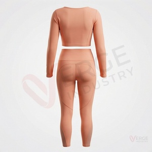 Ensemble de yoga 2 pièces pour femmes, haut court à manches longues couleur pêche et leggings taille haute sans coutures - Product Image 2