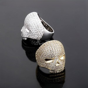 Men's 925 Silver Skull <b>Cocktail</b> <b>Ring</b> With Crystal Pave Setting Hiphop Style <b>Gold</b> Plated - Product Image 1