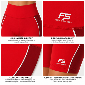 Shorts cycliste femme taille haute color block rouge bordeaux et blanc, logo personnalisé, extensible, pour gym, yoga, fitness, vêtements de sport, vente en gros - Product Image 4