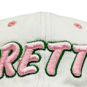 White Distress Denim Baseball <b>Cap</b> with Pink Embroidered Letter Design Adjustable Casual <b>Vintage</b> Unisex Outdoor Fashion Hat Wear - Product Image 3