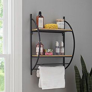 Étagère murale de salle de bain à double niveau en métal et bois avec barre porte-serviettes - Product Image 1