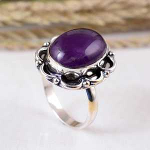Handmade Purple Amethyst Oval Bezel Setting Sterling <b>Silver</b> Floral Border Design <b>Boho</b> & Hippie Wedding Party <b>Ring</b> Unisex - Product Image 4