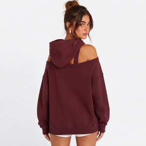 Women's <b>Off</b> The <b>Shoulder</b> Hooded <b>Sweatshirt</b> Custom Distressed Letter <b>Sweatshirt</b> <b>Off</b> the <b>Shoulder</b> Heavyweight 440 GSM Hooded - Product Image 2