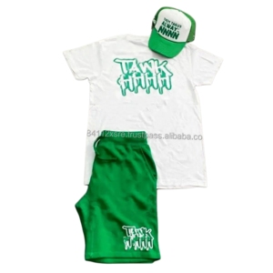 Ropa de verano con estampado personalizado para hombre, conjuntos cortos de algodón, conjunto de verano de 2 piezas para hombre, camiseta lisa y conjunto de pantalones cortos con gorra - Product Image 4