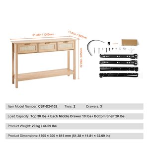 Consolle in Rattan Specchiato con 3 Cassetti Contenitori, Tavolo da Ingresso in Rattan Naturale, Consolle con Ante Scorrevoli, Tavolo da Divano - Product Image 4