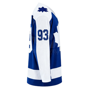 เสื้อฮอกกี้น้ำแข็งสำหรับผู้ชาย คอวี แขนยาว สีน้ำเงินขาว พิมพ์ลายใบเมเปิ้ล ปรับแต่งชื่อทีมได้ แห้งเร็ว ผลิตจากโพลีเอสเตอร์ สำหรับเล่นกีฬา - Product Image 3