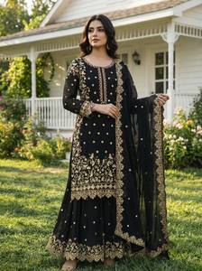 Luxury Black Gold Embroidered Georgette Sharara <b>Suit</b> Indian Sangeet Night Evening Cocktail Reception Wear 3-Piece Outfit - Product Image 3