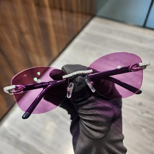Customized Iced Pink <b>Blue</b> Shade Anti-Reflective Rimless Oval Lenses 2 Row Moissanite Studded Bridge <b>Sunglasses</b> Men Wood Grain - Product Image 1