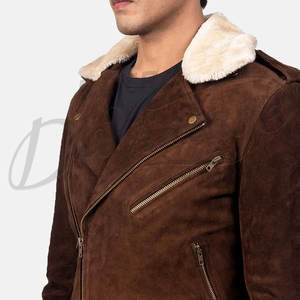 Chaqueta de Motociclista de Cuero Marrón para Hombre con Cuello de Piel de Oveja Crema, Corte Ajustado, con Cinturón, Chaqueta de Moto de Cuero Genuino - Product Image 6