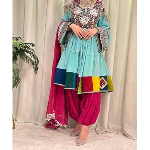 Vestido de Novia para Mujer, 100% Poliéster, Bordado a Mano, Estilo Afgano Kuchi, Manga Casquillo, Cintura Natural, Color en Contraste - Product Image 3