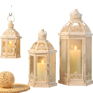 <b>Set</b> Of 3 White Metal Candle <b>Lanterns</b> Vintage Farmhouse Style Hanging & Tabletop Decorative <b>Lanterns</b> For Indoor Outdoor Home - Product Image 1