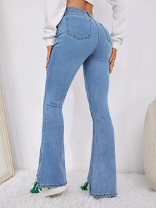 Light Blue Breathable <b>High</b> Waist <b>Boot</b> Cut Jeans Women Denim Pants Office Lady Casual Streetwear OEM Service - Product Image 5