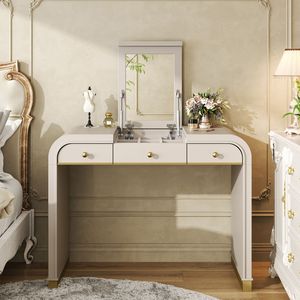 Champagne Classic Wood Vanity <b>Desk</b> for <b>Bedroom</b> 3-in-1 Dressing Table with Flip Mirror and 2 Drawers for Makeup Storage - Product Image 5