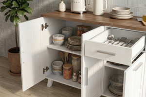 Mueble de Cocina Moderno de Aglomerado de Roble Blanco y Nogal Essence K409ZV(L) con Encimera de Aglomerado, Cajón, Estante para Panadería y Microondas - Product Image 2