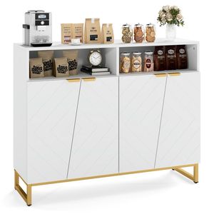Credenza Bianca Contemporanea con Ante Irregolari, Maniglie Dorate, 2 Ripiani Aperti e Doppi Mobili a 2 Ante - Arredamento per Sala da Pranzo - Product Image 1