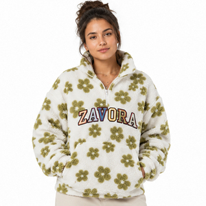 <b>Women</b> Floral Sherpa Pullover <b>Women</b> Half Zip Stand Collar Custom Varsity Embroidery Fluffy <b>Teddy</b> Fleece <b>Hoodies</b> Private Label OEM - Product Image 1