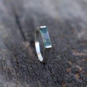 Natural Moss Agate Bar <b>Ring</b> Rectangle 925 Sterling Silver 14k Gold Luxury Engagement <b>Dainty</b> Wedding Anniversary Gift for Women - Product Image 1