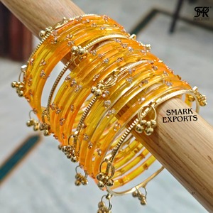 Ensemble de bracelets en or plaqué or jaune cachemiri faits à la main de luxe avec ghungroo, bijoux ethniques traditionnels pour femmes, 16 pièces - Product Image 1
