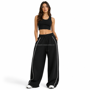 Pantalon de jogging large en molleton pour femme avec molleton de coton brossé 480 GSM pour la gym, taille haute, confortable, avec cordon de serrage, uni et durable - Product Image 1