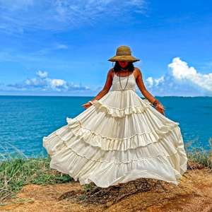 Robe longue blanche bohème pour femme, sans manches, à volants, à plusieurs niveaux, pour l'été, la plage et les vacances - Product Image 1